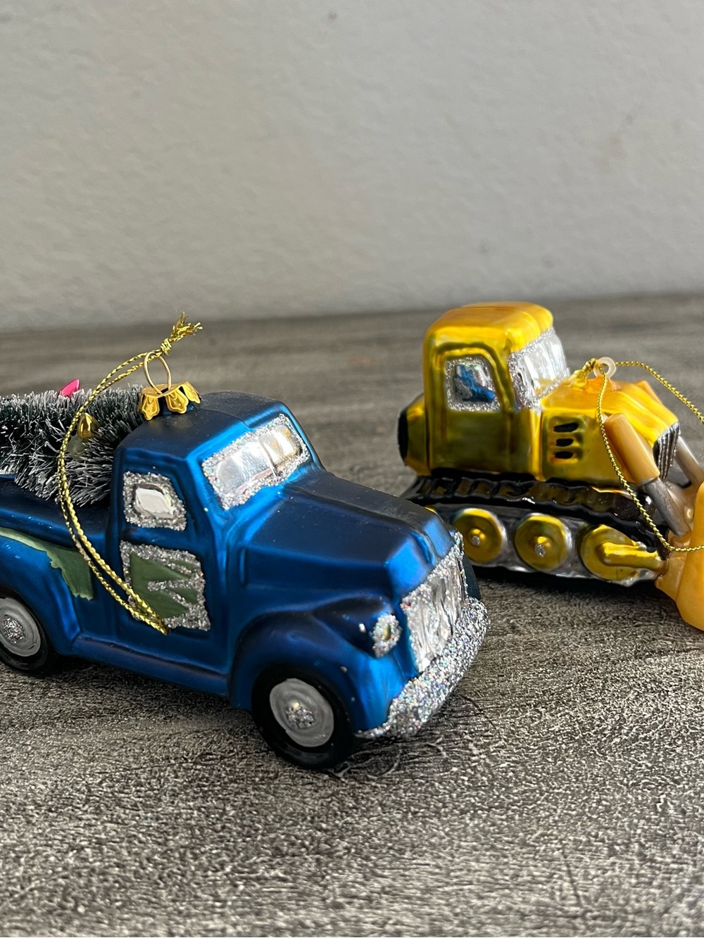 Robert Stanley Glass Christmas Ornaments Lot Blue Vintage Truck Yellow Bulldozer